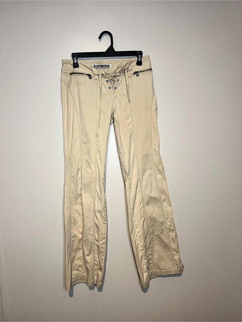 VTG Y2K Express Low Rise Lace Up Flare Pants Cream Zipper Pockets Trousers Boho
